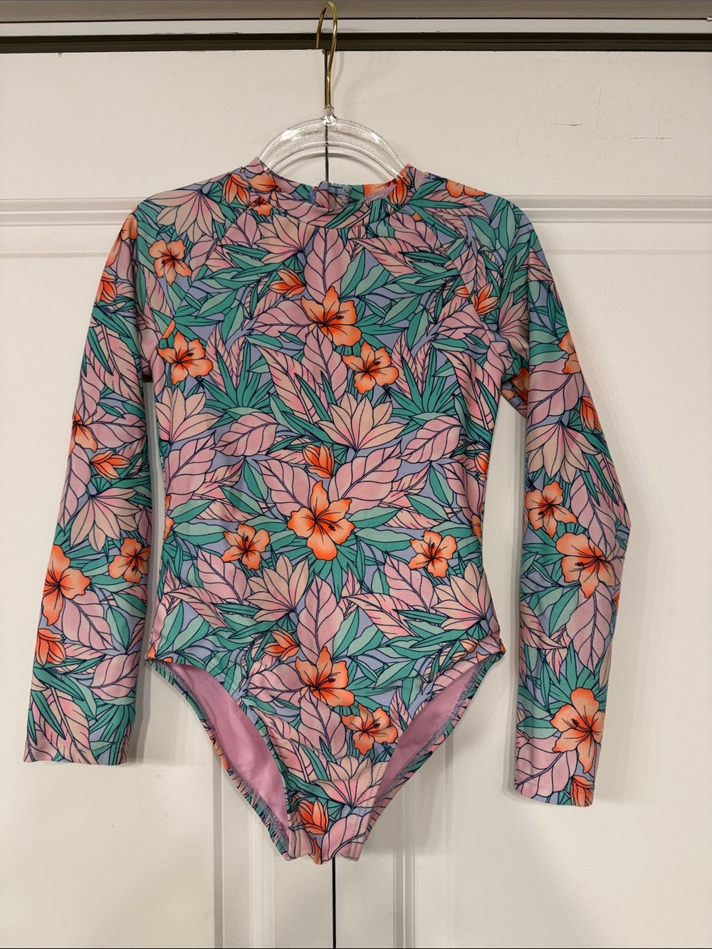 Cat & Jack Floral Long-Sleeve One-Piece Swimsuit in Pink, Green & Orange